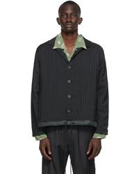 Veste-chemise en laine à rayures verticales noire By Walid