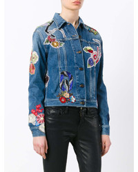 Veste en jean à fleurs bleue Saint Laurent