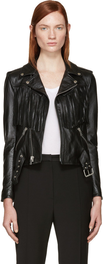 Veste Motard En Cuir Franges Noire Saint Laurent Ssense