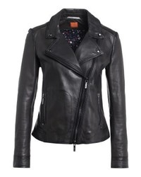 Veste motard en cuir gris foncé Hugo Boss