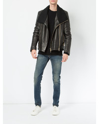 Veste motard en cuir noire Balmain